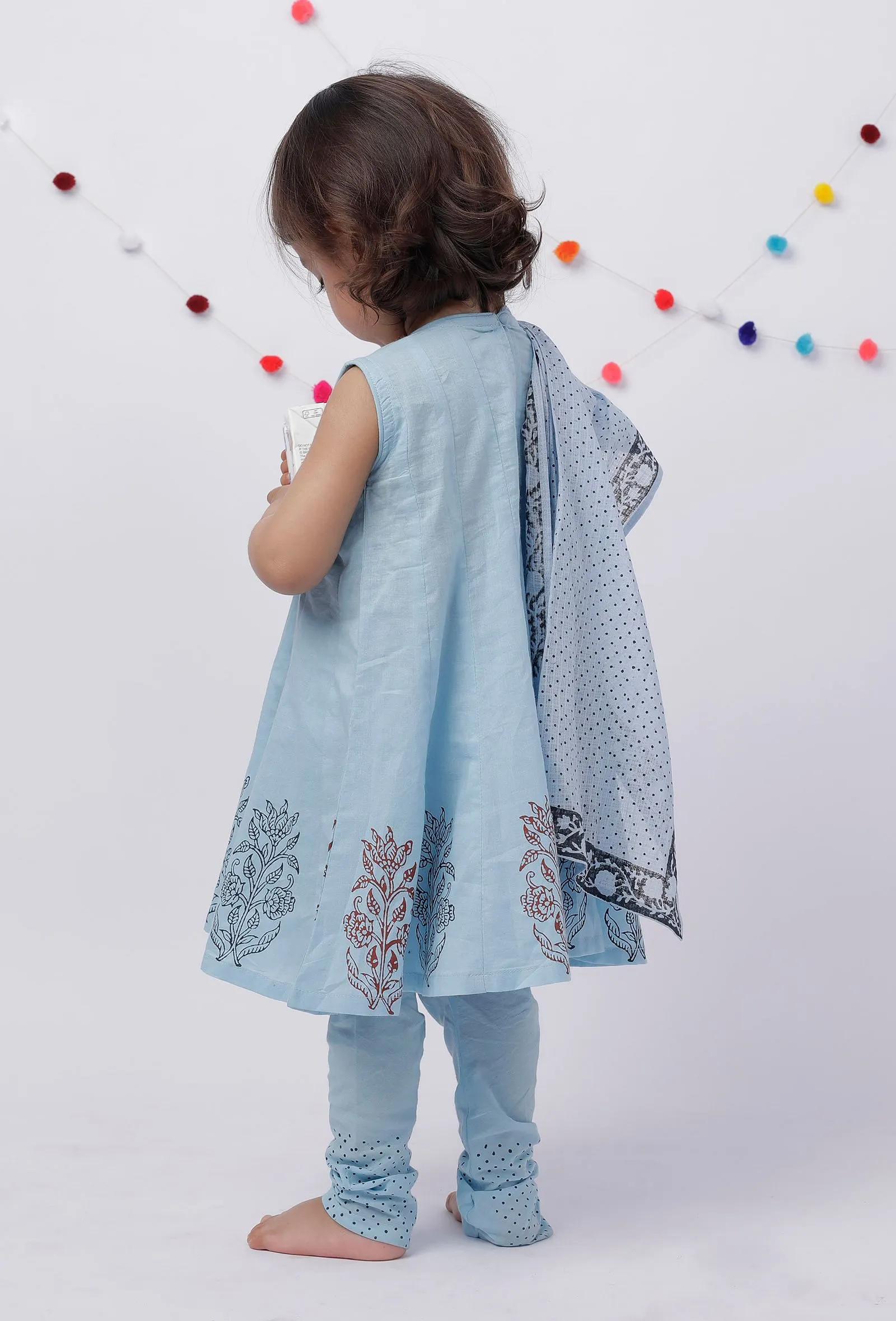 Set of 3: Amaira Candy Blue Handblock Kurta with Cotton Chooridar and Handblock Dupatta