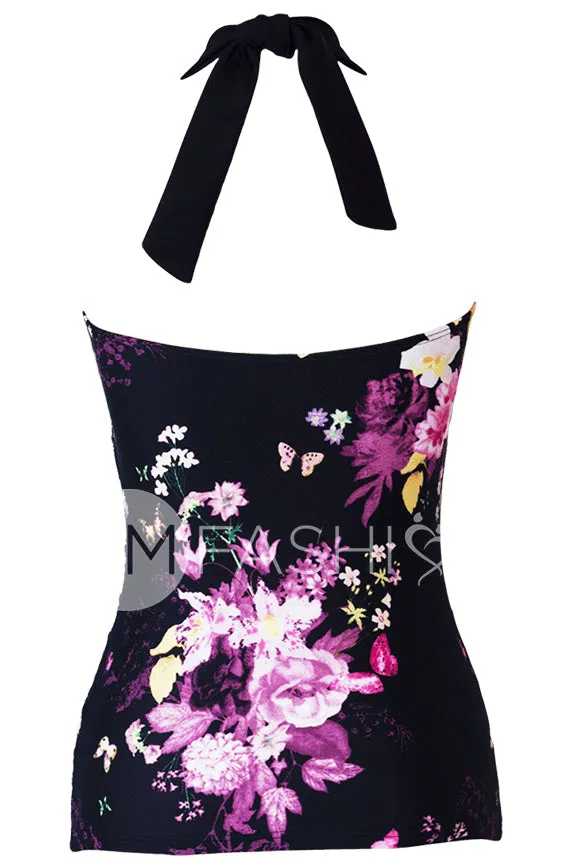 Shirred Halter Top - Black Floral - FINAL SALE