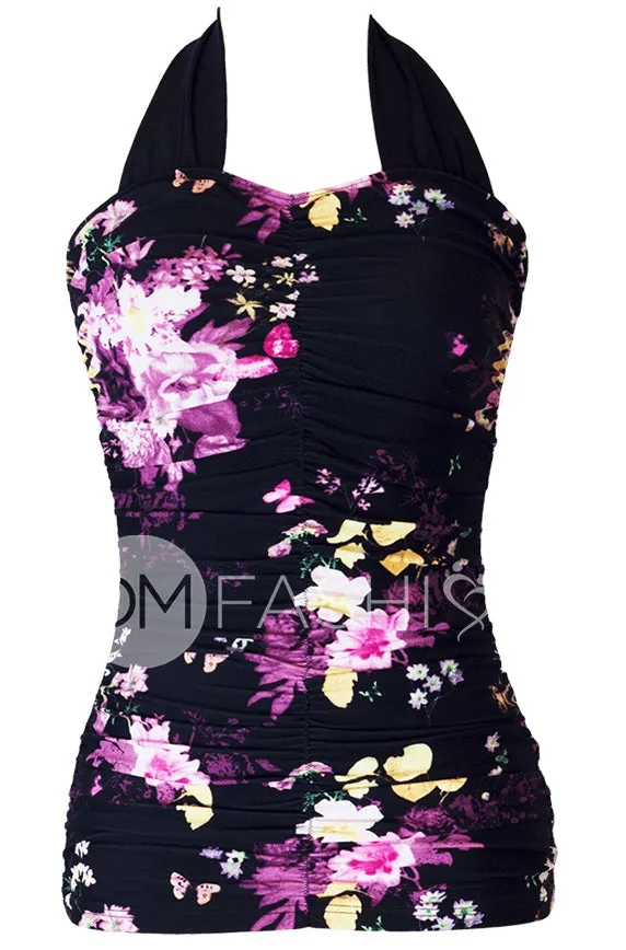 Shirred Halter Top - Black Floral - FINAL SALE