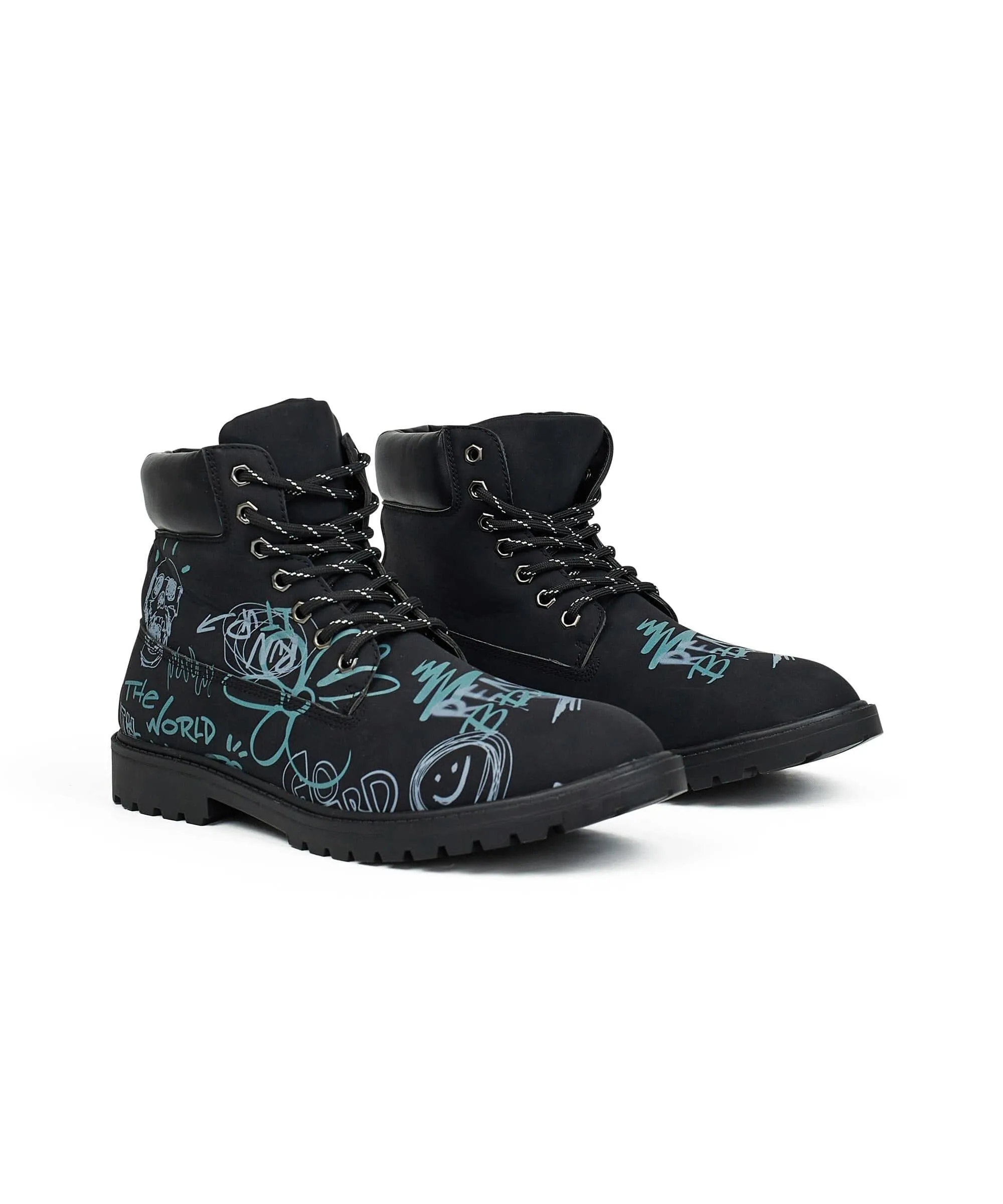 Skull Flower Faux Suede Graffiti Print Boots - Black