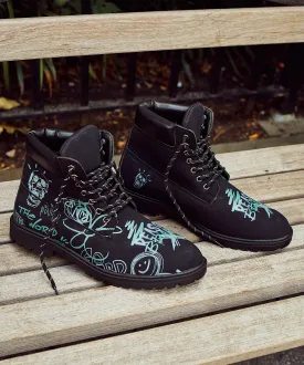 Skull Flower Faux Suede Graffiti Print Boots - Black