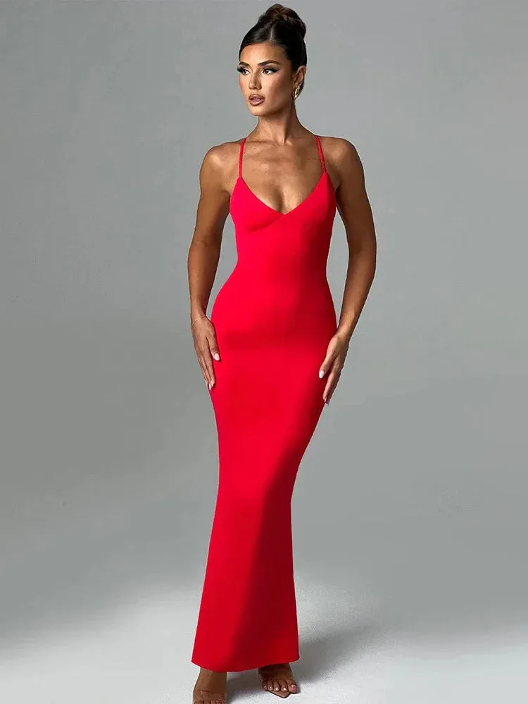 Slim Bodycon Long Spaghetti Strap Backless Sexy Spring Summer Maxi Dress