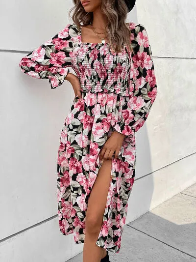 Slit Smocked Floral Flounce Sleeve Dress