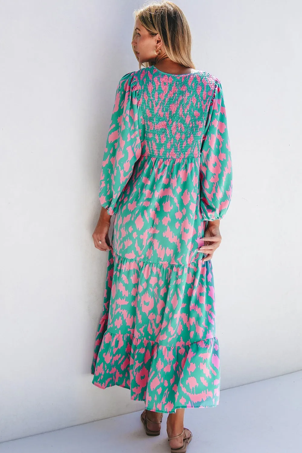 Smocked Printed Tie Neck Long Sleeve Dress