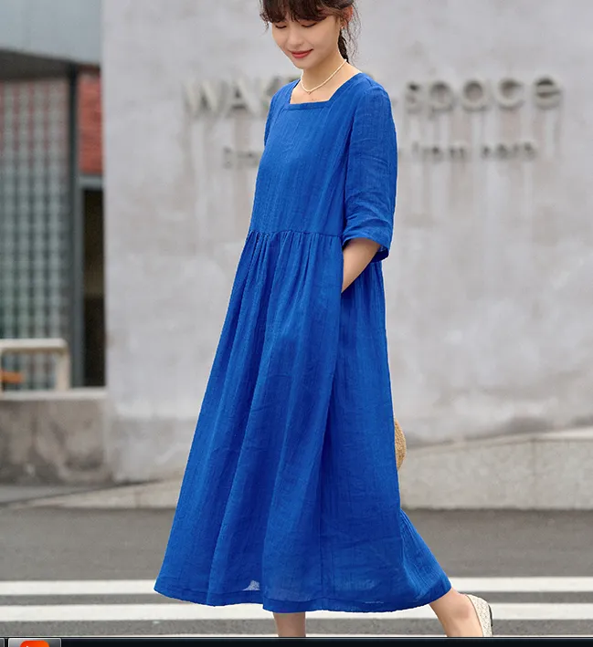 Soft Linen Dresses Summer long Washed Women Linen Dress 9922