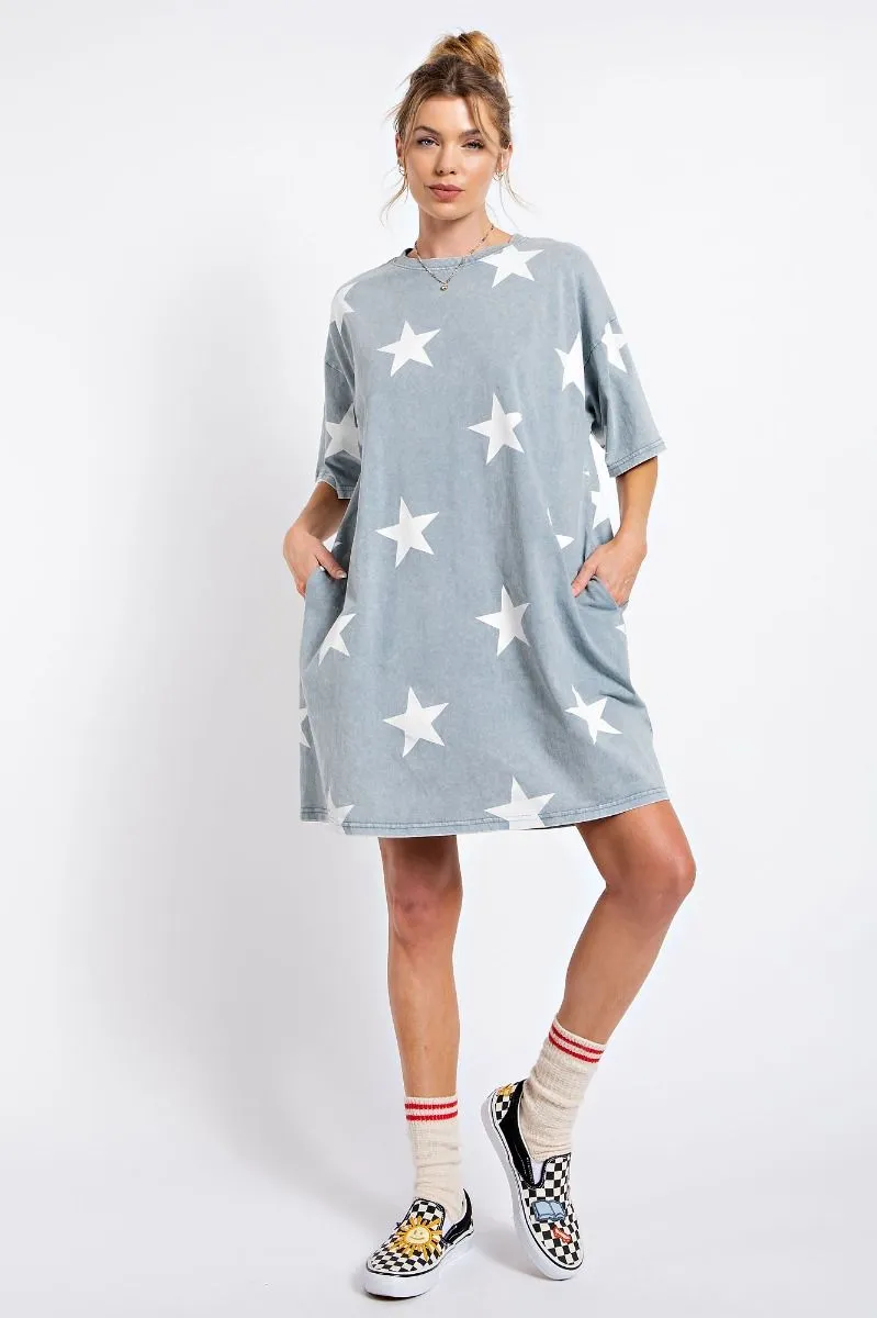 Star printed washed denim mineral washed tunic dress