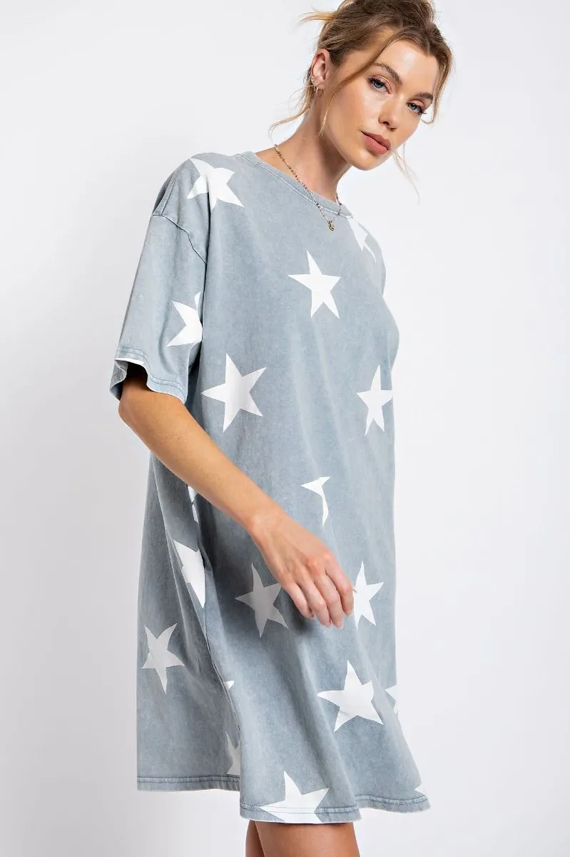 Star printed washed denim mineral washed tunic dress