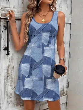 Stylish Faux Denim Patchwork Print Sleeveless Round Neck Retro Style Dress For Women