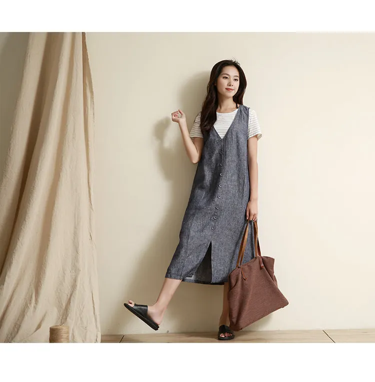 Summer Vest Dress Casual Button Down Women Linen Sleeveless Dresses GU98404