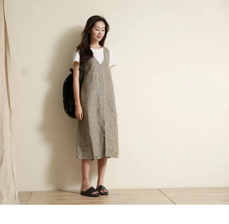 Summer Vest Dress Casual Button Down Women Linen Sleeveless Dresses GU98404