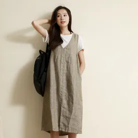 Summer Vest Dress Casual Button Down Women Linen Sleeveless Dresses GU98404