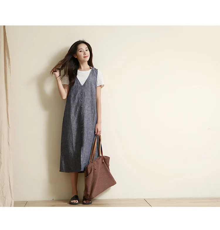 Summer Vest Dress Casual Button Down Women Linen Sleeveless Dresses GU98404