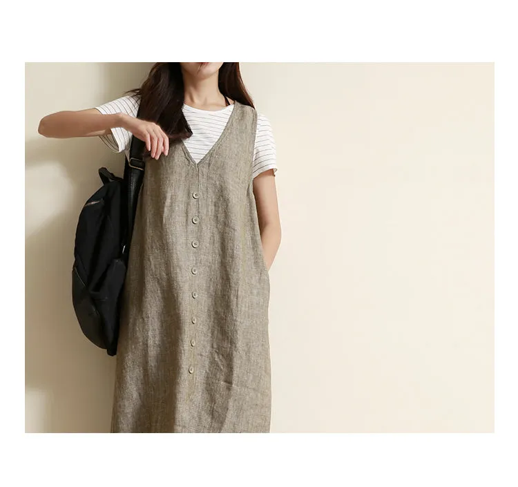 Summer Vest Dress Casual Button Down Women Linen Sleeveless Dresses GU98404