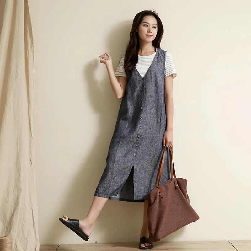 Summer Vest Dress Casual Button Down Women Linen Sleeveless Dresses GU98404