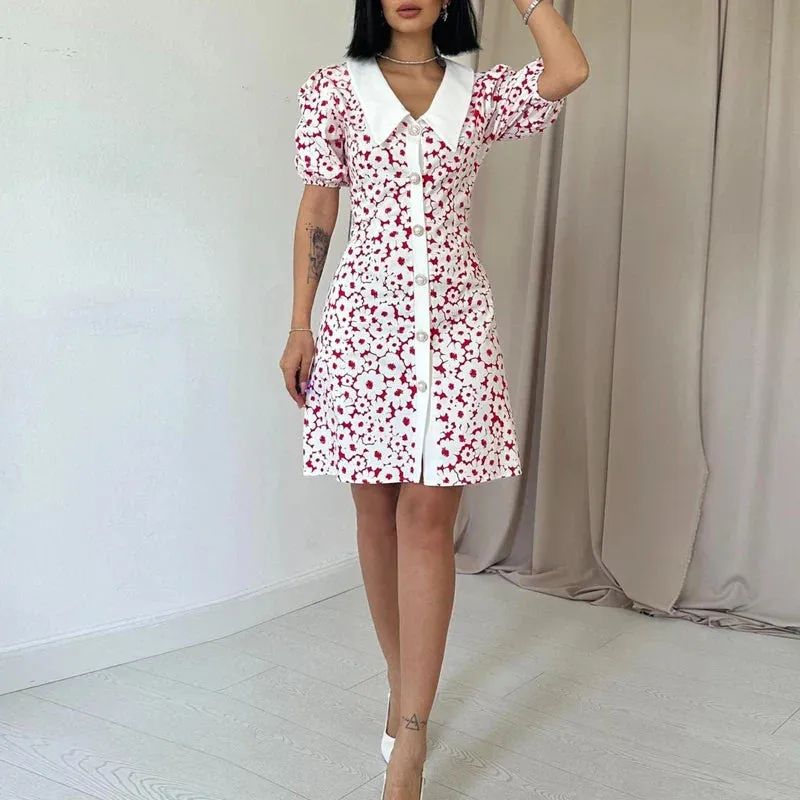 Temperament Peter Collar Slim Casual Floral Button A-line Summer Short Dress