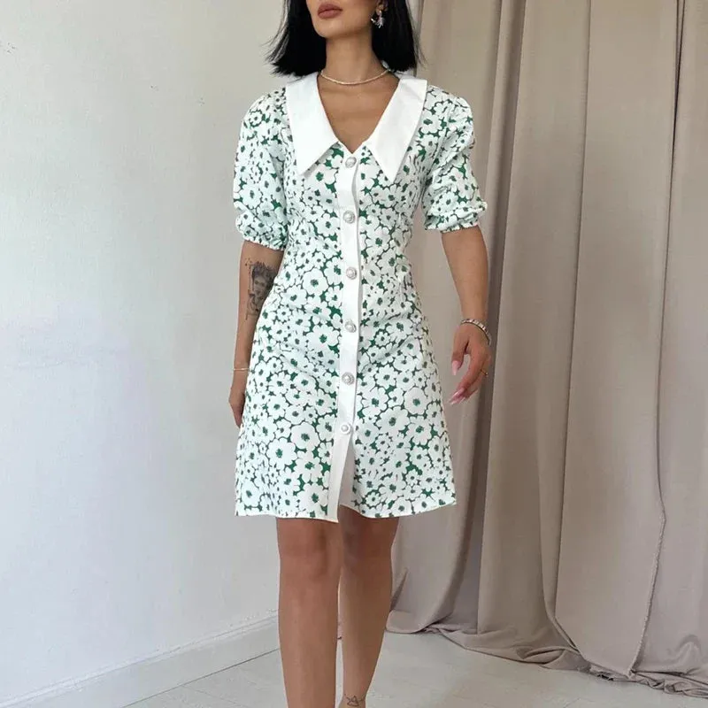 Temperament Peter Collar Slim Casual Floral Button A-line Summer Short Dress