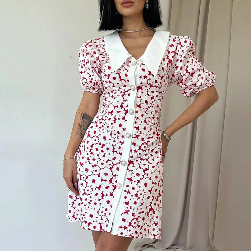 Temperament Peter Collar Slim Casual Floral Button A-line Summer Short Dress