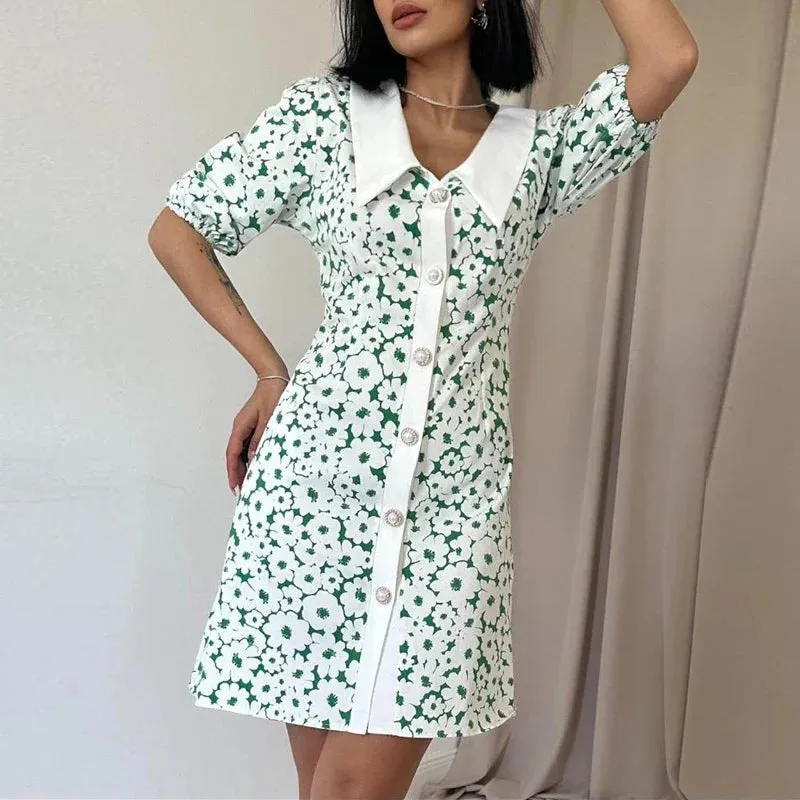 Temperament Peter Collar Slim Casual Floral Button A-line Summer Short Dress