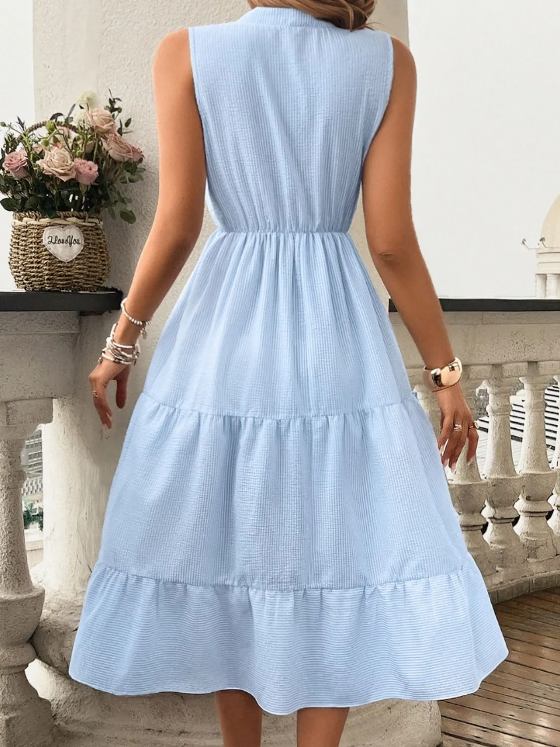 Tiered Notched Sleeveless Midi Dress