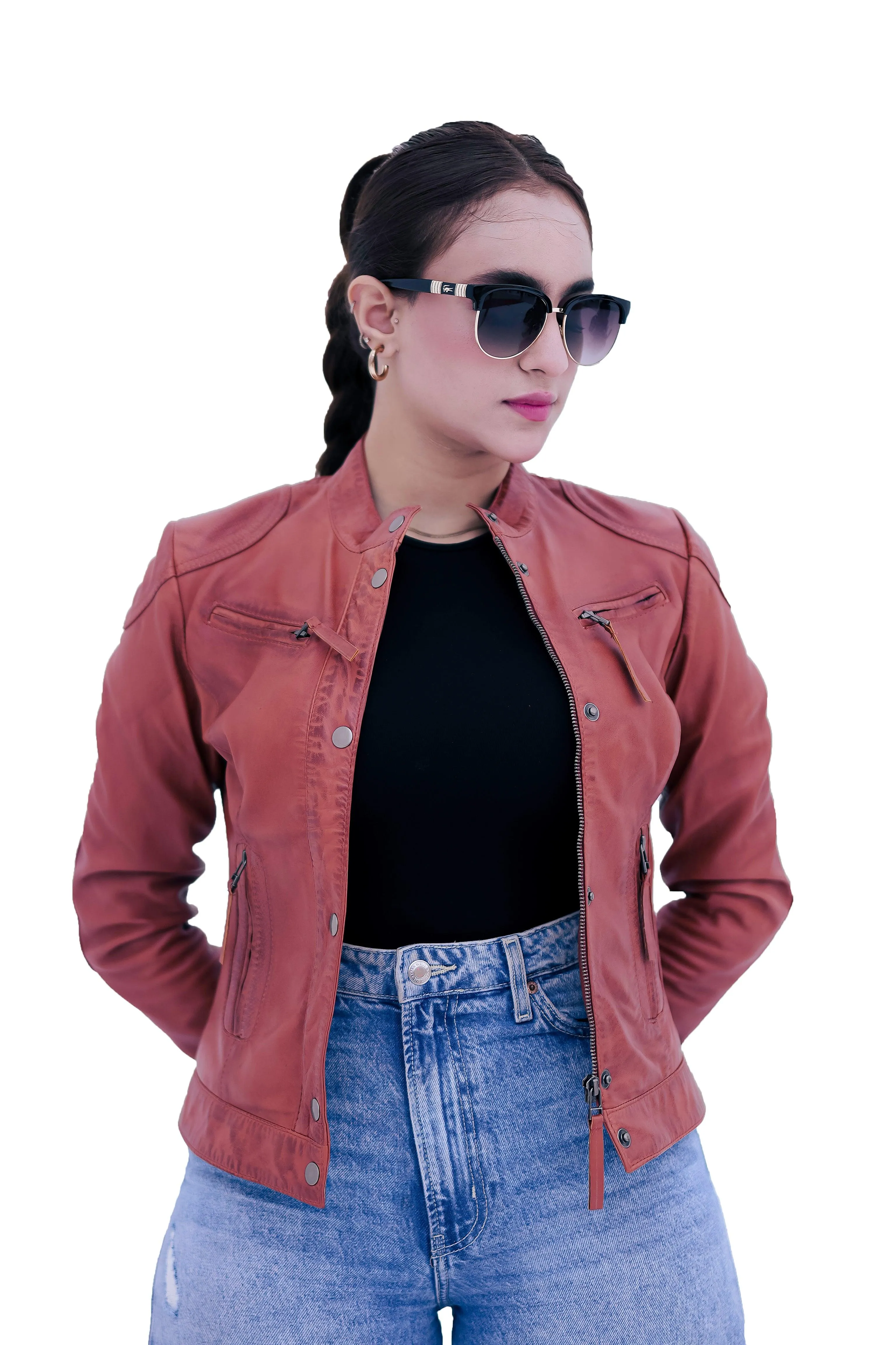 WOMEN REAL LEATHER TAN BROWN BIKER LAMBSKIN JACKET