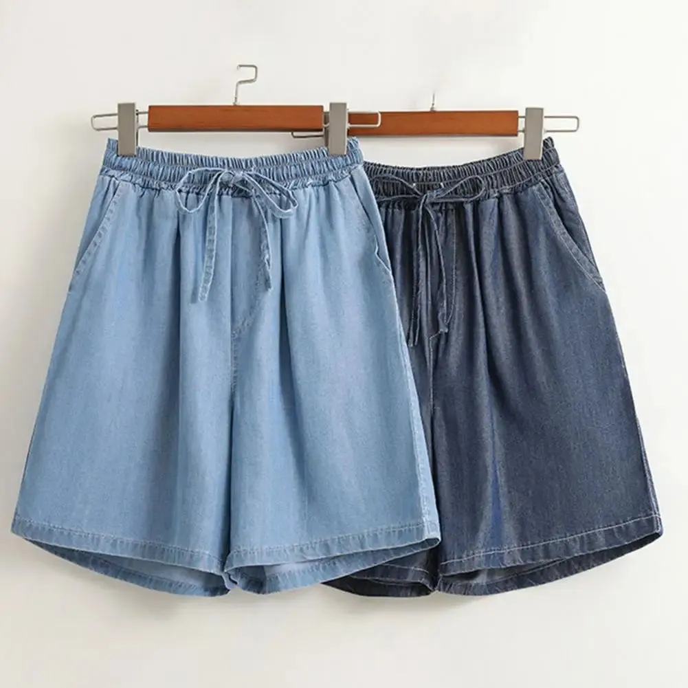 Women Shorts Drawstring Wide Leg Shorts High Waist Elastic Waistband Pockets Solid Knee-Length Trousers Loose Fit Short Pants