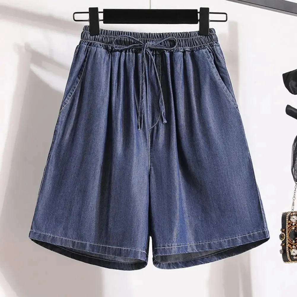 Women Shorts Drawstring Wide Leg Shorts High Waist Elastic Waistband Pockets Solid Knee-Length Trousers Loose Fit Short Pants