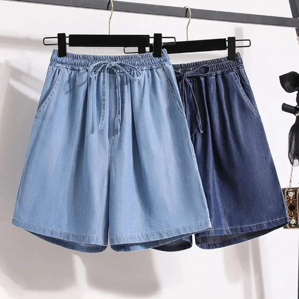 Women Shorts Drawstring Wide Leg Shorts High Waist Elastic Waistband Pockets Solid Knee-Length Trousers Loose Fit Short Pants