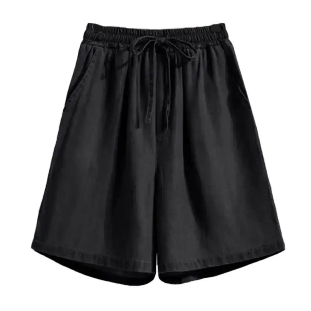 Women Shorts Drawstring Wide Leg Shorts High Waist Elastic Waistband Pockets Solid Knee-Length Trousers Loose Fit Short Pants