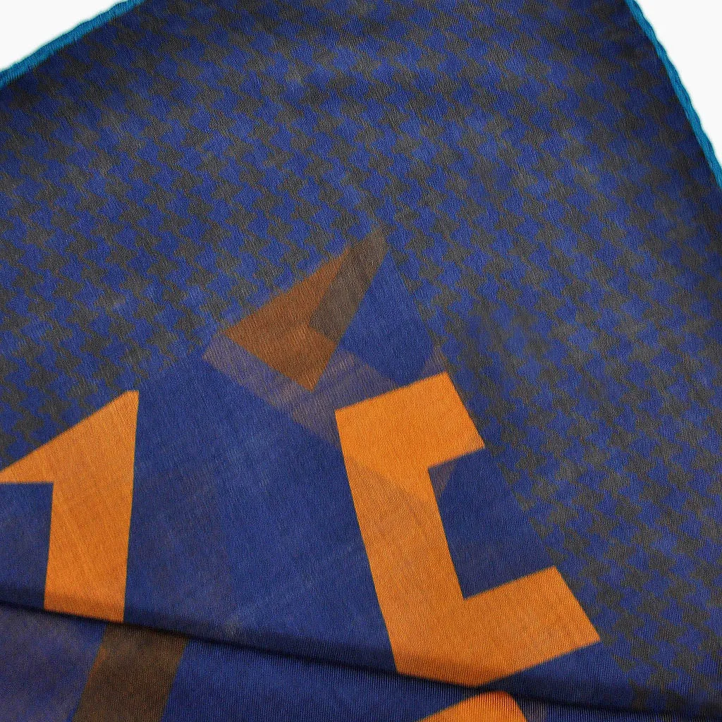 Wool Silk Geo's with Houndstooth Border Large Square in Blue & Brown