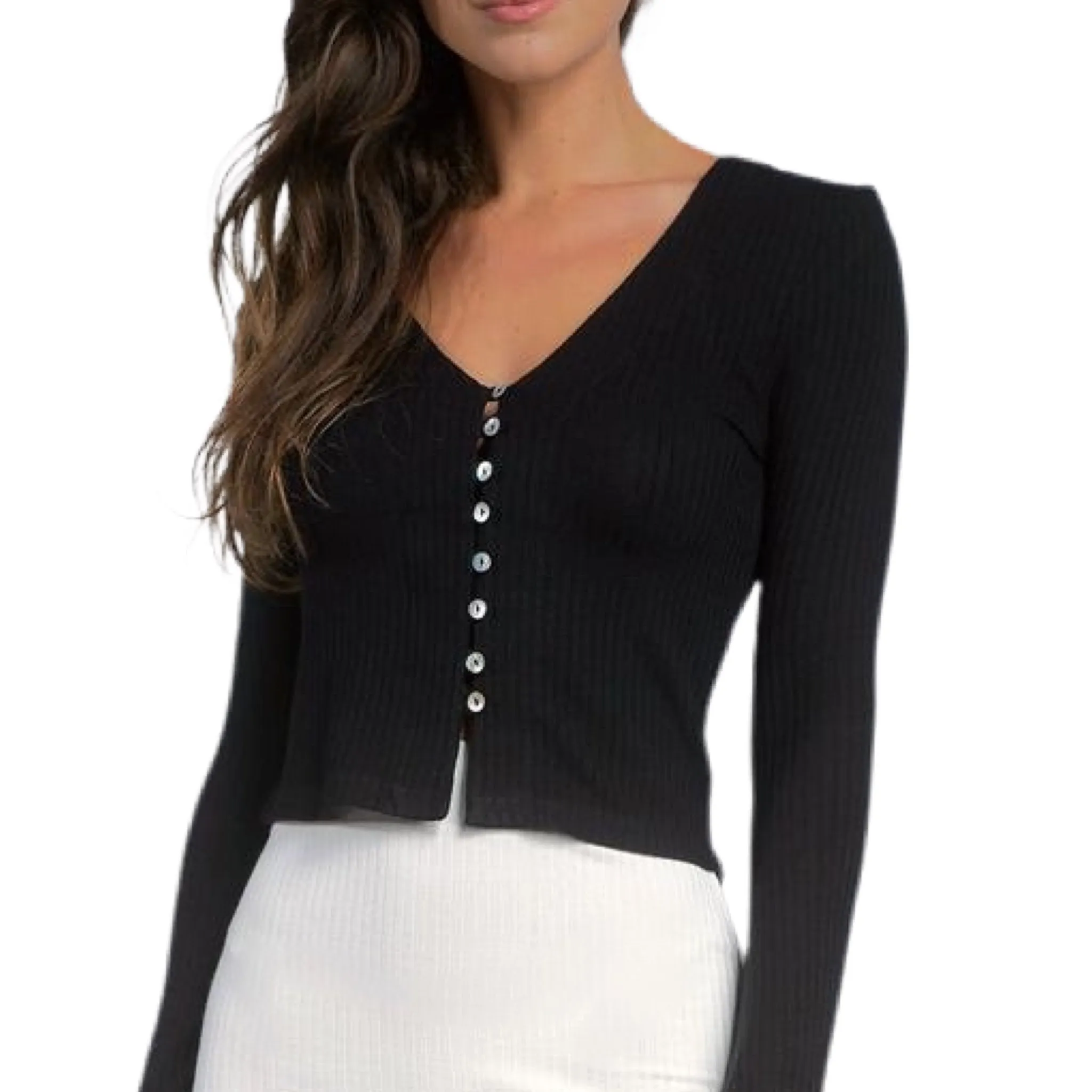 Yara Button Long Sleeve Top - Black.